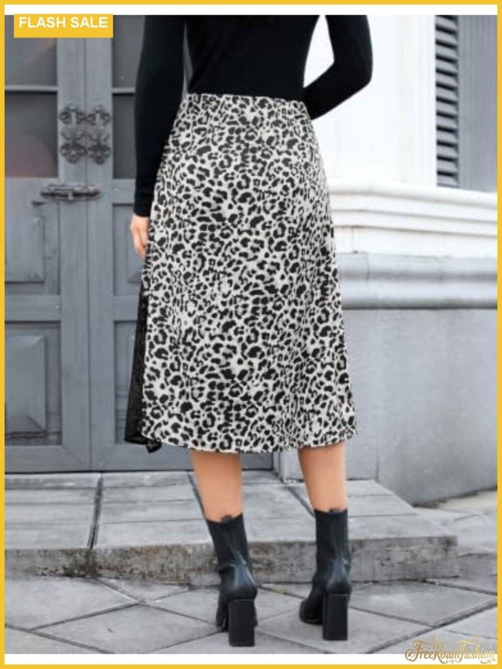 Satin A-Line Midi Skirt with Lace Slit High Waist - Picture 2 of 6